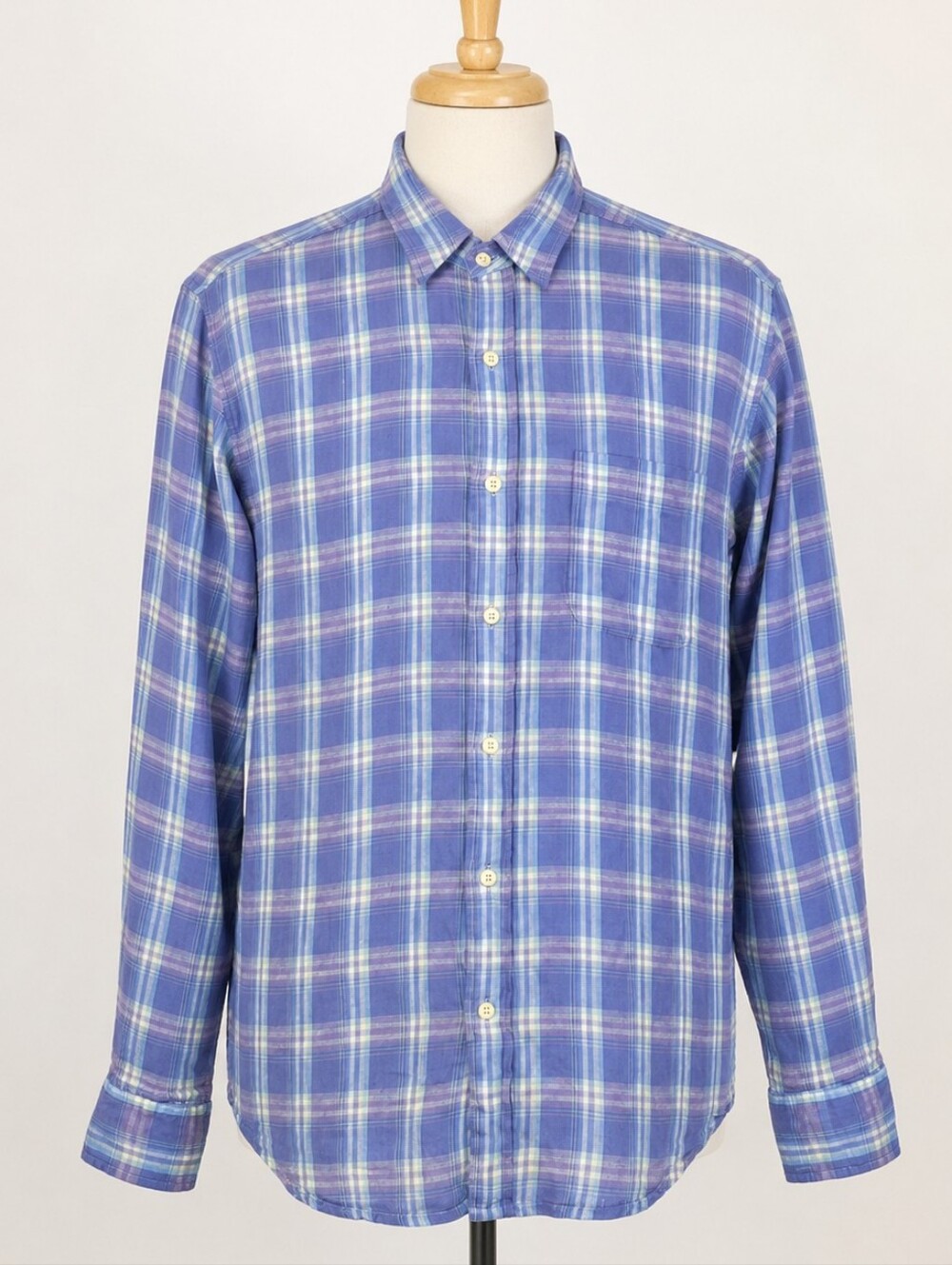 Faherty Mens Linen Plaid Shirt Size Medium Long Sleeve Lavender White Light Blue